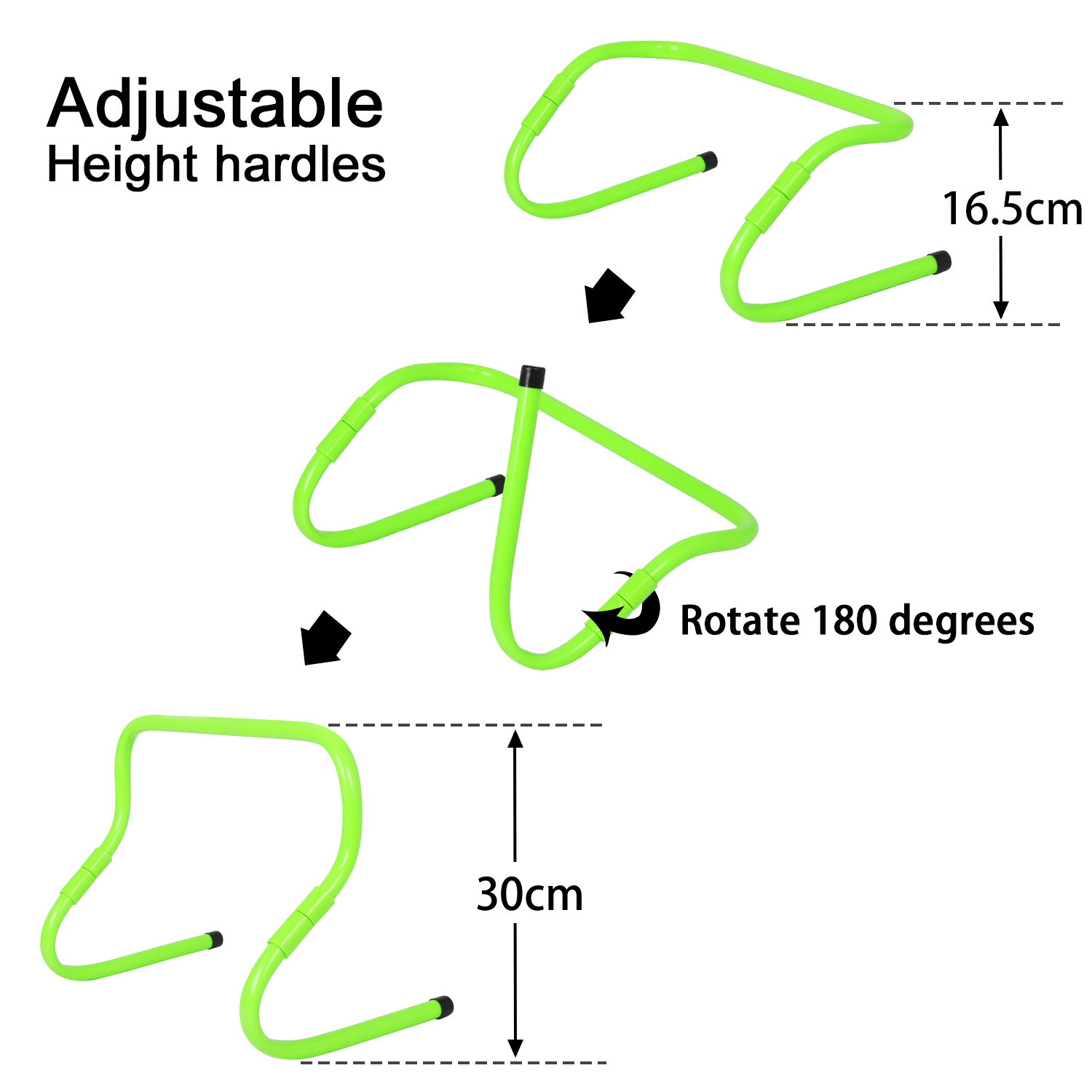 EINSTELLBARE HÜRDE Mit dieser höhenverstellbaren Agility-Hürde können Sie Ihre Hürde auf eine Höhe von 8 Zoll oder 11,8 Zoll einstellen.Dadurch können Sie die Hürde an Personen unterschiedlicher Körpergröße anpassen, darunter Erwachsene und Kinder.Es eignet sich auch hervorragend, um Ihr Training an Ihre Fitness und Ihr Leistungsniveau anzupassen.Sie können die Höhe anpassen, indem Sie die Beine nach links oder rechts drehen.